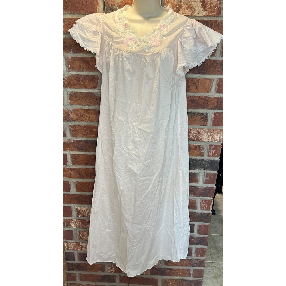 Judith Hart Pink Cotton Nightgown Ruffle Sleeve Pink Floral Lace Size M